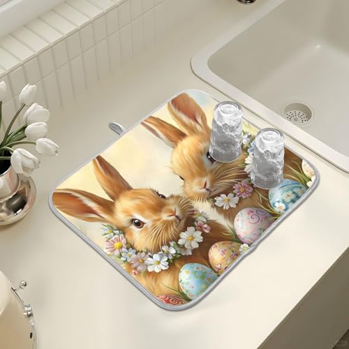 Cute Rabbit Bunny Easter Eggs Dish Drying Mat for Kitchen Counter Absorbent Microfiber Large Drying Pad Dish Mats for Kitchen Countertops 18 x 24 Inch