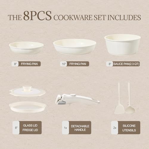 Ceramic Cookware Set Non Stick 8Pcs Pots and Pans Set Detachable Handle Induction Kitchen Cooking Set with Frying Pans Oven Dishwasher Safe