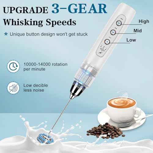 Milk Frother Wand Rechargeable Handheld Whisk Coffee 3 Speed Adjustable