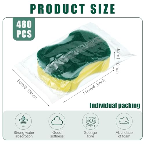 480 Pcs Individually Wrapped Sponges Kitchen Bulk Non Scratch Scouring Sponges for Dishes Household Cleaning Travel Apartments Hotel Car