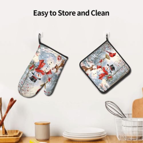 Winter Snowman Oven Mitts and Pot Holder Set of 2 Red Bird Berry Decorative Oven Gloves Heat Resistant Kitchen Hot Pads for Baking Cooking