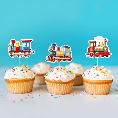 24Pcs Transportation Trains Cupcake Toppers Cartoon Vintage Locomotiv Cupcake Picks for Retro Train Boys Girls Funny Birthday Party Baby Shower Cupcake Decorations Train Transportation Party Decors (24 Count)