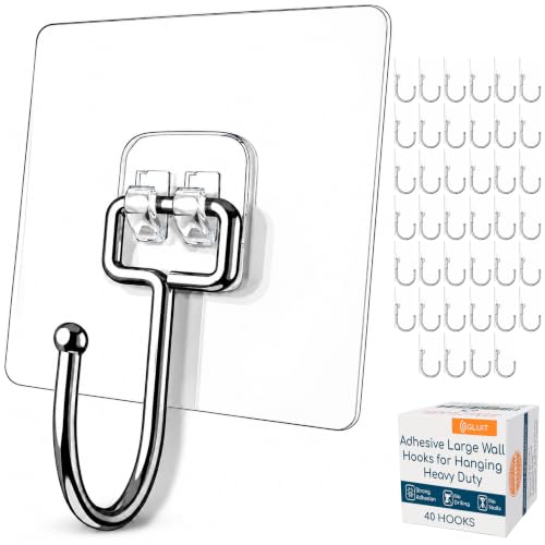 Adhesive Large Wall Hooks for Hanging Heavy Duty No Drill (40 Count)