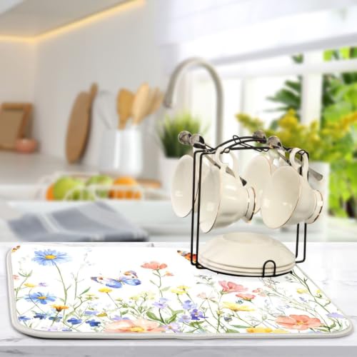 Wildflowers Butterfly Dish Drying Mat for Kitchen Counter Absorbent Microfiber Drying Pad