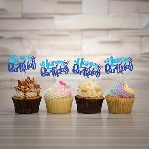 24Pcs Happy Birthday Cupcake Toppers Double Layer Glitter Happy Birthday Cake Decorations for Baby Shower Theme Kids Boys Girls Birthday Anniversary Party Decorations Supplies Blue (24 Count)