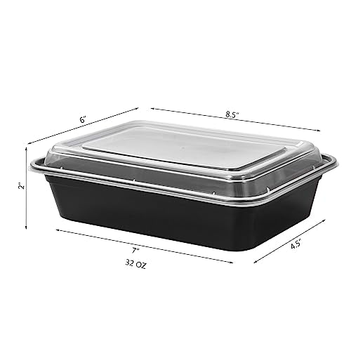 32 oz 50Pack Plastic Meal Prep Food Storage Containers with Lids Reusable 1 Compartment To Go Lunch Box Black Extra Large &Thick Microwave Freezer Safe BPA Free Stackable (50 Count)