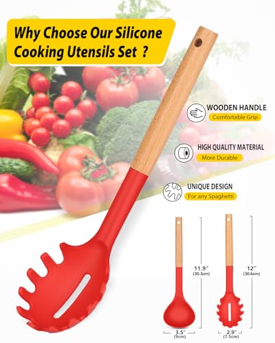 Silicone Pasta Fork and Ladle Spoon Set with Wooden Handle (2 Count)