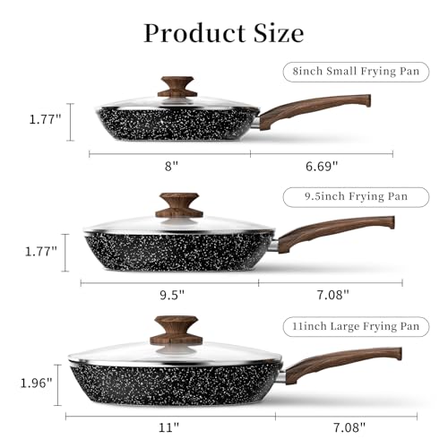 Nonstick Ceramic Frying Pans Skillets Set with Lid 8"+9.5"+11"