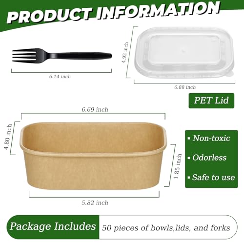 50 Pack 19oz Disposable Kraft Paper Bowls with Lids and Forks (50 Count)