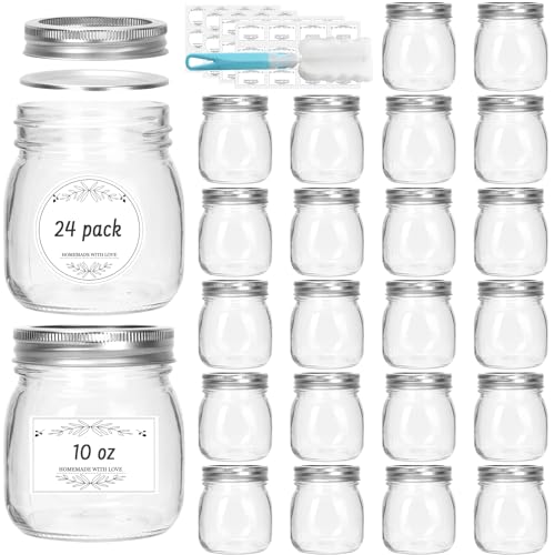 24 Pack 10 oz Clear Glass Mason Jars with Silver Metal Split Lids (24 Count)