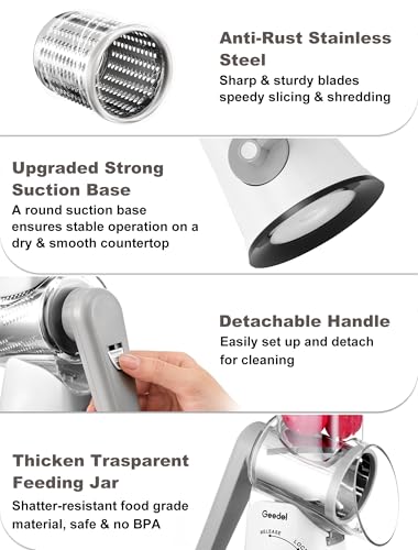 Rotary Cheese Grater Vegetable Shredder With 6 Interchangeable Blades No Slip Suction Base