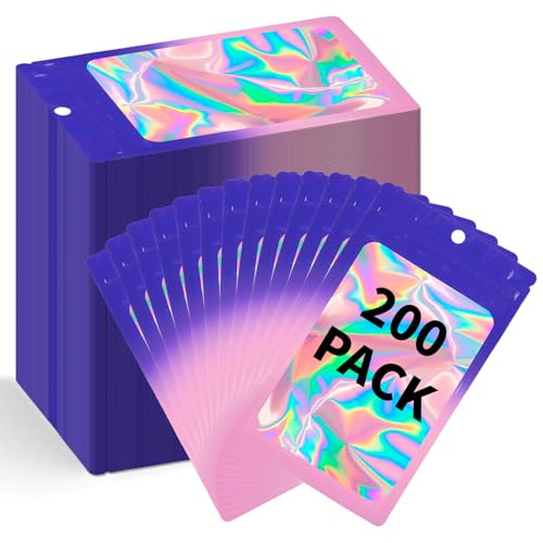 200 Pack Resealable Mylar Holographic Bags Food Storage Smell Proof Bags with Front Window Foil Packaging Pouch for Candy Sample Jewelry Small Business 4.13×5.91 Inch (200 Count)