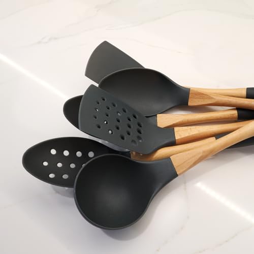 3pc Grey Nylon Cooking Spoons Kitchen Utensils Set with Wooden Handle High Heat Resistance