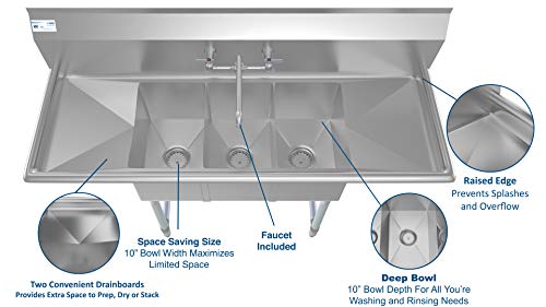 3 Compartment Stainless Steel NSF Commercial Kitchen Sink with Faucet and Cross braced Legs