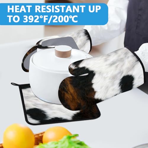 Brown Cowhide Oven Mitts and Pot Holders Sets Heat Resistant 4Pcs Potholders Oven Gloves Hot Pads for Kitchen Baking Cooking Grilling BBQ (4 Count)