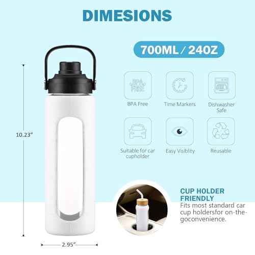 24 oz Glass Water Bottle with Straw and 2 Lids