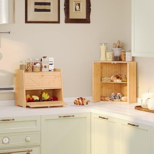 Corner Bread Box for Kitchen Counter Double Layer Bamboo Bread Storage Container Large Capacity Bread Storage Bin Farmhouse Breadbox Organizer