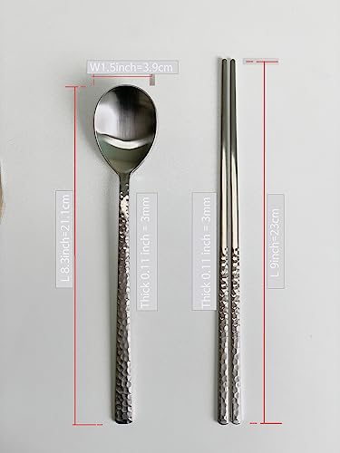 Korean Made Silver Glossy Hammered Stainless Steel Korean Spoon & Chopstick SET Gift for Mom Stocking Stuffer
