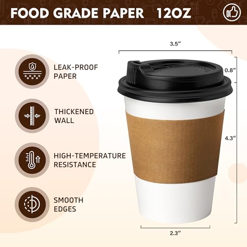 12 oz 50 Pack Coffee Cups with Lids and Sleeves (50 Count)