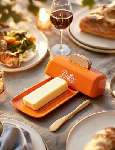 Butter Dish with Lid and Knife Butter Tray Holder for Counter Orange