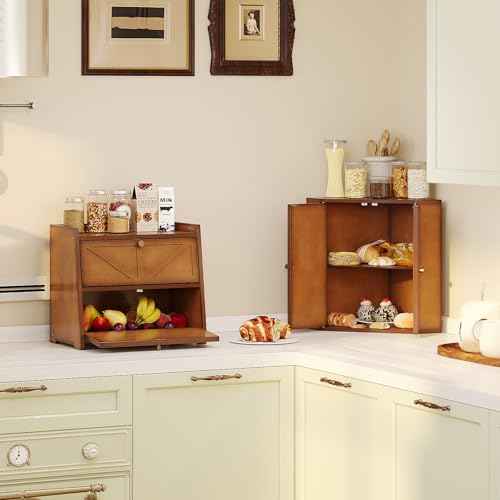 Corner Bread Box for Kitchen Counter Double Layer Bamboo Bread Storage Container Large Capacity Bread Storage Bin Farmhouse Breadbox Organizer
