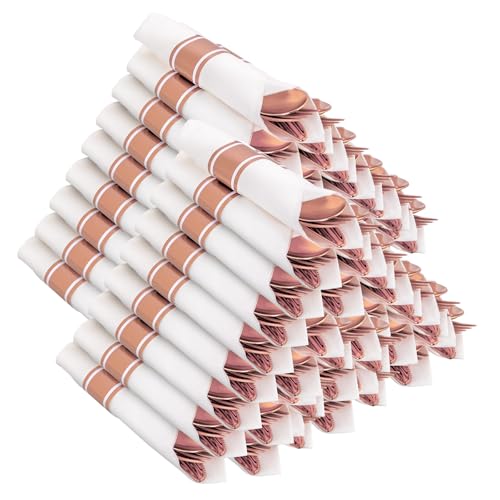400PCS Pre Rolled Rose Gold Plastic Silverware Heavy Duty for Party (400 Count)