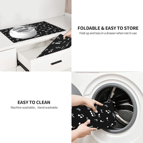 Music Notes Dish Drying Mat for Kitchen Counter Musicial Dish Drainer Rack Mats 16x18 Inches Absorbent Reversible Black Drying Pad