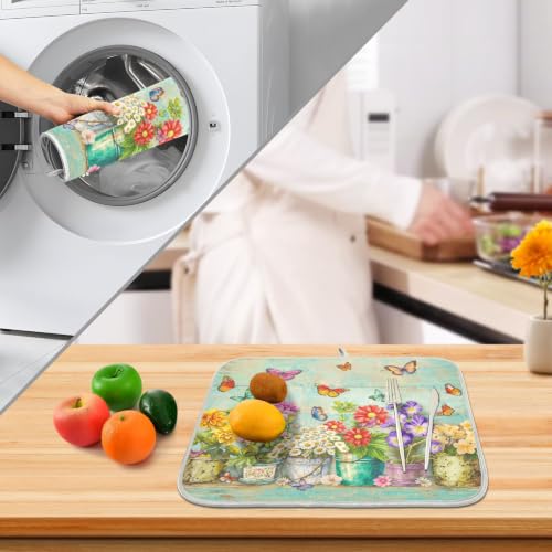 Spring Floral Butterfly Rustic Dish Drying Mat for Kitchen Counter Absorbent Microfiber Small Drying Pad Dish mats for Kitchen Countertops 16 x 18 Inch
