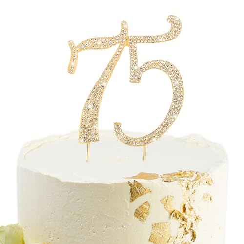 Gold 75th Birthday Cake Topper Rhinestones Cake Decorations for 75th Birthday Party