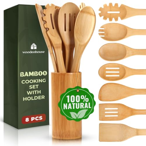 Bamboo Cooking Utensils Set 7 Pcs with Holder (8 Count)