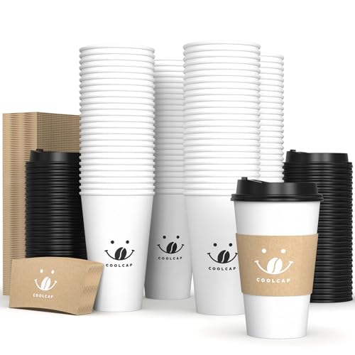 100 Pack 12oz Disposable Coffee Cups with Lids and Sleeves (100 Count)