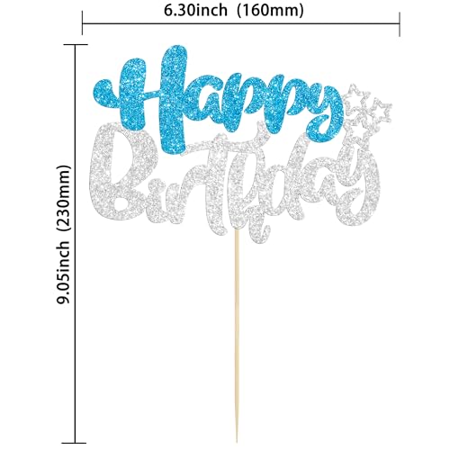 1Pcs Happy Birthday Cake Topper Glitter Happy Birthday Cake Pick for Winter Wonderland Baby Shower Theme Anniversary Party Decorations Supplies Blue Silver