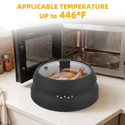 Tall Microwave Splatter Cover Glass Cover Guard Lid 5.8 inch Height with Collapsible Silicone for Food Pot Plate 10.8 inch Black