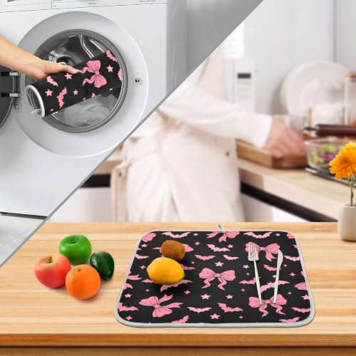 Halloween Dish Drying Mat for Kitchen Counter Absorbent Microfiber Small Drying Pad Dish Pink Bat Bow Mats for Kitchen Countertops 16 x 18 Inch
