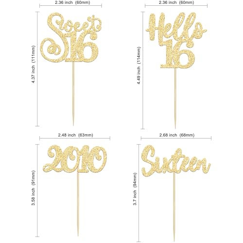 24Pcs 16th Birthday Cupcake Toppers Gold Glitter Hello 16 Sweet 16 Cupcake Picks 2010 16th Birthday Cake Decorations for Anniversary Party Supplies (24 Count)