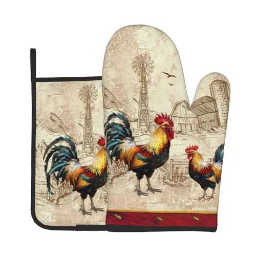 Farm Rooster Oven Mitts and Pot Holder Set of 2 Rustic Chicken Kitchen Potholders Heat Resistant Oven Glove for Baking Cooking Grilling BBQ
