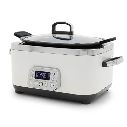 Elite 14-in-1 Nonstick 6QT Electric Slow Cooker, PFAS-Free Ceramic Multi-Cooker, In-Pot Browning, Dishwasher Safe Lid & Removable Crock, Stainless Steel Steamer, Silicone Handles, White