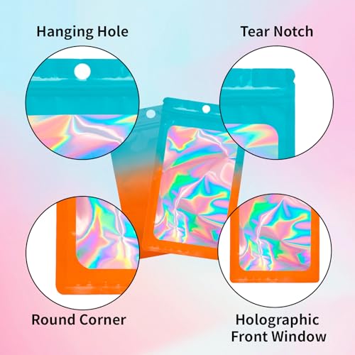 200 Pack Resealable Mylar Holographic Bags Food Storage Smell Proof Bags with Front Window Foil Packaging Pouch for Candy Sample Jewelry Small Business 3.54×6.29 Inch (200 Count)