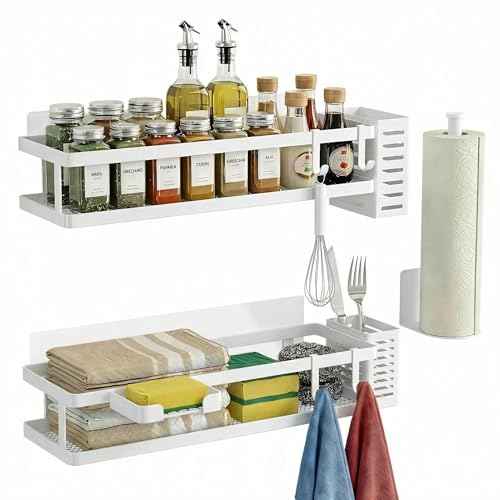 5-in-1 16.5" Extra Long Kitchen Organizer & Shower Caddy Set, Wall Mount Spice Rack with Paper Towel Holder, Utensil Holder & Soap Dish, Rustproof Mesh - White, Guardrail