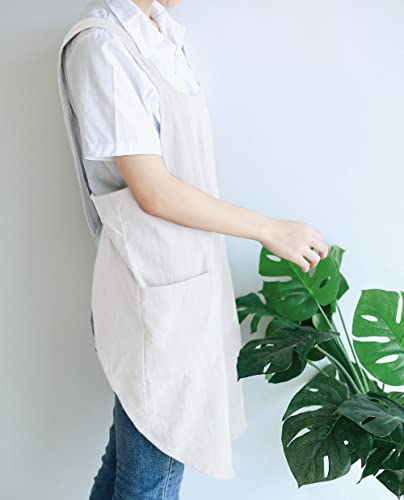Japanese Linen Cross Back Kitchen Cooking Aprons for Men with Pockets for Baking Painting Gardening Cleaning White