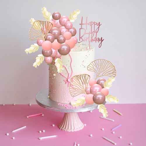 57Pcs Balls Cake Topper Boho Grass Cake topper Pearl Balls Acrylic Happy Birthday Cake Decorations for Wedding Baby Shower Birthday Boho Themed Party Supplies Rose Gold Pink (57 Count)