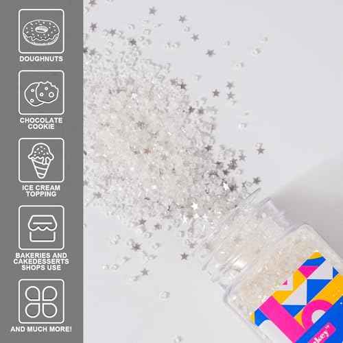 White Sanding Sugar Edible Silver Glitter Stars Mix (3.5 Ounce)