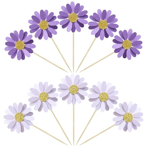 24Pcs Purple Daisy Cupcake Toppers Flower Cake Toppers Daisy Cake Decorations Chrysanthemum Cupcake Toppers Spring Daisy Flower Cake Picks for Birthday Wedding Supplies (24 Count)