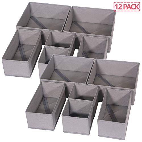 12 Pack Foldable Cloth Storage Box Closet Dresser Drawer Organizer Fabric Baskets Bins Containers Divider for Baby Clothes Underwear Bras Socks Lingerie Clothing (12 Count)