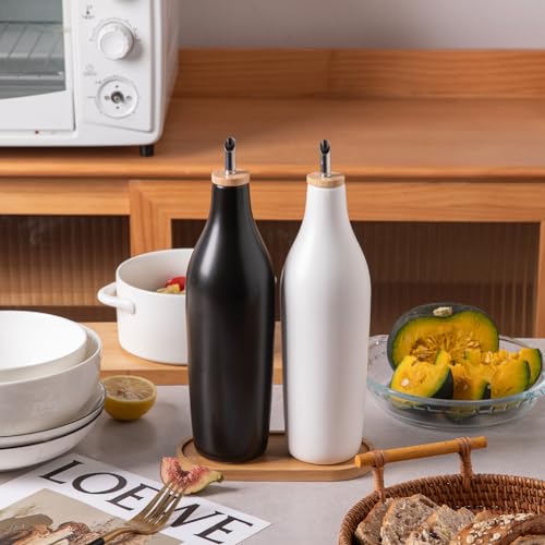Sweejar Matte Ceramic Olive Oil Dispenser Bottles with Bamboo Tray