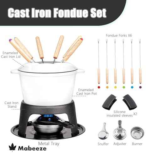 Cast Iron Fondue Pot Set White Enameled 1.6 Qt for Cheese