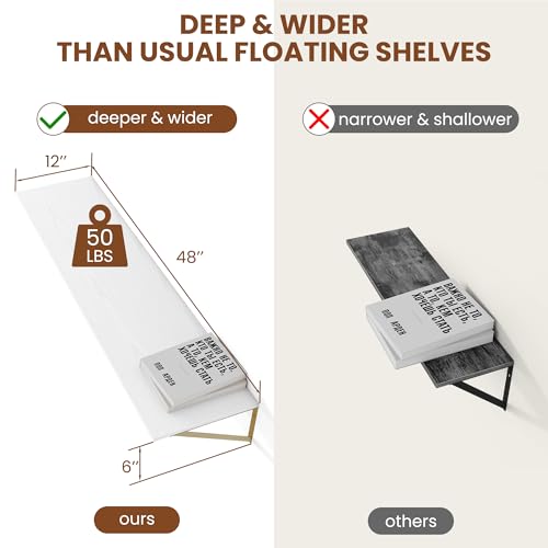 48W x 12D Deep Floating Shelves Set of 2 White & Gold (2 Count)