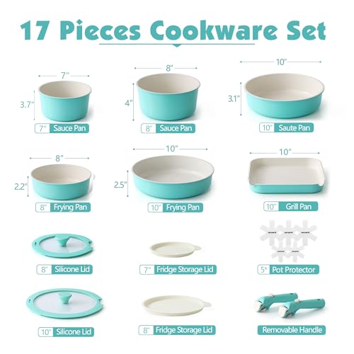 17 Piece Ceramic Detachable Handle Pots and Pans Set Turquoise