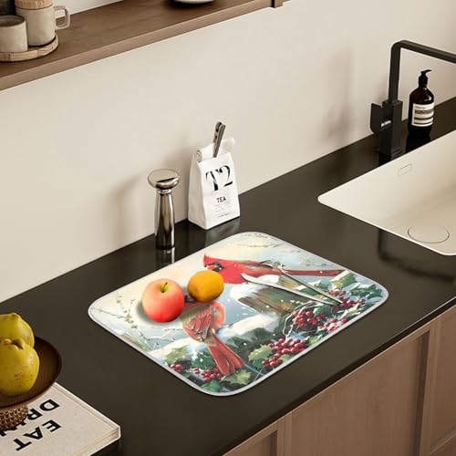 Winter Birds Snowflakes Berry Dish Drying Mat for Kitchen Counter Absorbent Microfiber Large Christmas Drying Pad Dish Mats for Kitchen Countertops 18 x 24 Inch