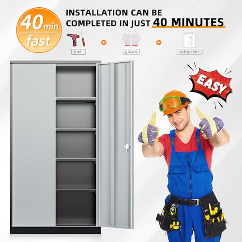Metal Storage Cabinets 72” Black Grey Garage Steel Storage Cabinet with Doors and Shelves
